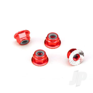 Traxxas Nuts, aluminium, flanged, serrated (4mm) (Red-anodized) (4 pcs)