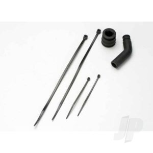 Traxxas Pipe coupler, moulded (black) / exhaust deflecter (rubber, black) / cable ties, Long (2 pcs) / cable ties, Short (2 pcs)