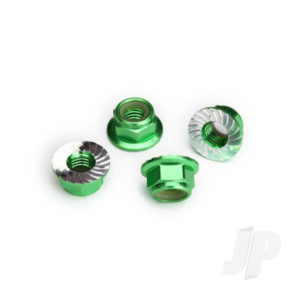 Traxxas Nuts, 5mm flanged nylon locking (Aluminium, Green-anodized, serrated) (4 pcs)