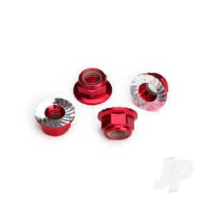Traxxas Nuts, 5mm flanged nylon locking (Aluminium, Red-anodized, serrated) (4 pcs)