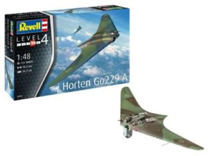 The Revell 1/48 Horten G0229 A-1 plastic aircraft model accurately recreates the experimental WWII German aircraft. This plastic sci-fi kit requires paint and glue to complete.