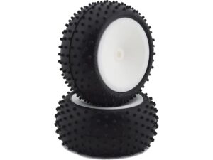 Schumacher's pre glued Mini Spike rear tyre in yellow compound on the Revlite hex drive wheel This pre-glued tyre comes with the medium foam insert.